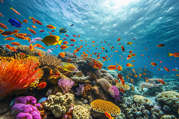 Fototapeta na wymiar Sunlight Bathing Colorful Tropical Fish and Coral Reef