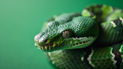 Obraz premium A snake, its green scales detailed, slithers across a green surface, its mouth open wide.