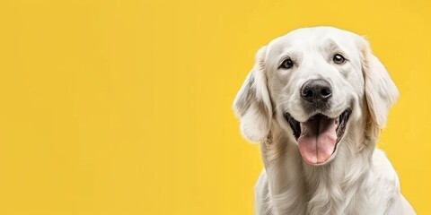 A dog, its expression happy, stands out against a yellow background.