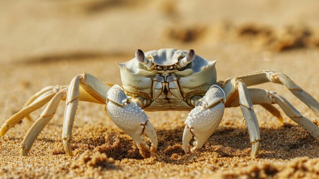 A crab, its claws sharp and detailed, rests on a sandy beach.
