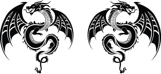 Black Tribal Flying Dragon Tattoo Vector Silhouette Cricut illustration