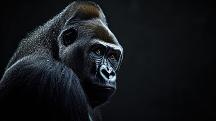 Obraz premium A gorilla, its face intense and proud, stands out against a black background.
