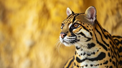 A cat, its expression fierce, stands out against a wall, its features reminiscent of a jaguar.