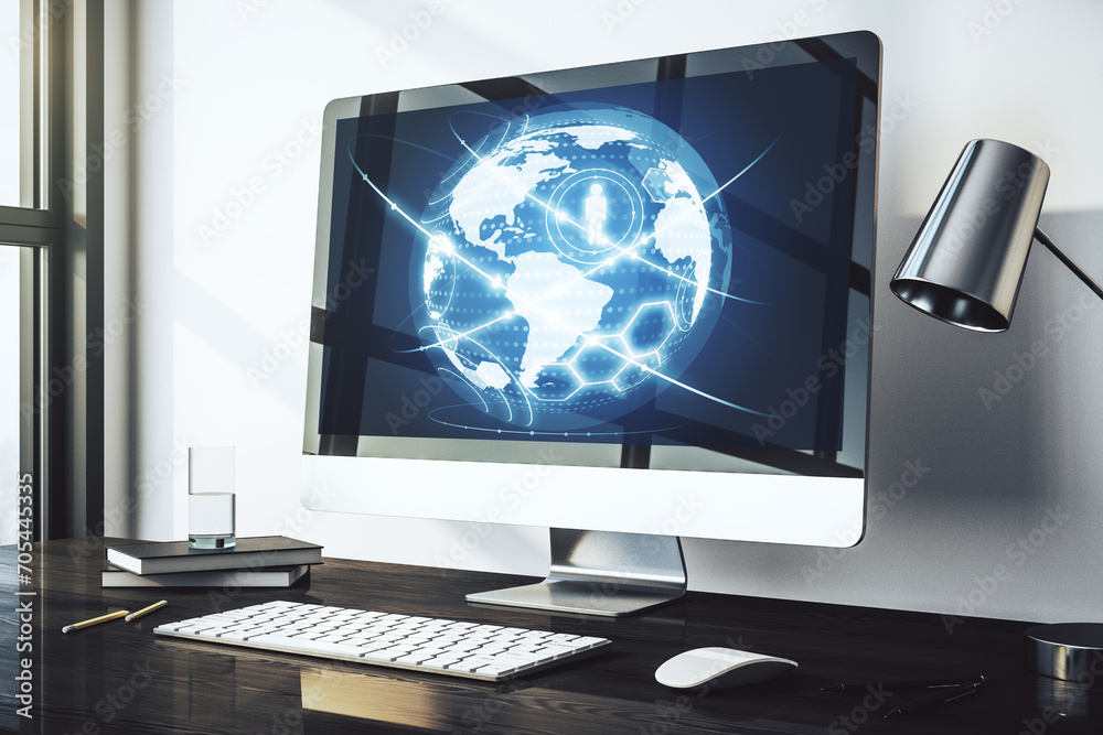 Aufkleber Social network concept with world map on modern laptop screen. 3D Rendering