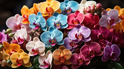 Obraz premium Background of different colorful orchids. Collection of orchid flowers and leaves. Flower arrangements.