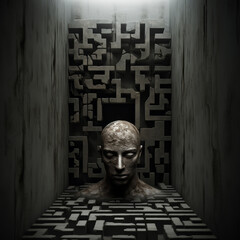 A man, depicted as a sculpture, stands in a maze, the space around him claustrophobic and surreal. - obrazy, fototapety, plakaty