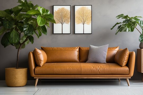 brown leather couch in a living room with two paintings of trees on the wall