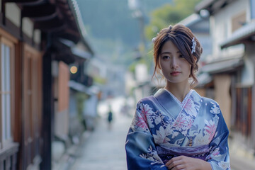 Fototapeta premium 温泉街と浴衣の女性