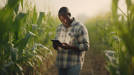 African farmer using tablet to help plant and grow organic corn field