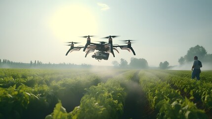 Drone spraying fertilizer on corn fields, Agriculture technology - obrazy, fototapety, plakaty