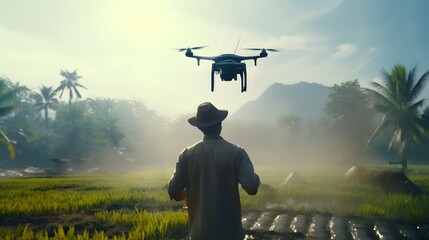 Agricultural specialist controls agriculture drone with remote controller for spraying fertilizer and pesticide at rice field - obrazy, fototapety, plakaty