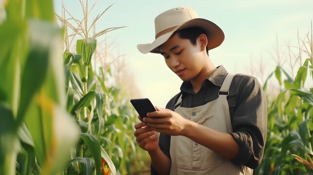 Asian man hand smart farmer using modern digital technology using smartphone in farm