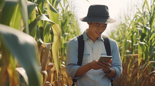 Farmer using smartphone for detecting his crops while working in cornfield, Innovation technology for smart farm system