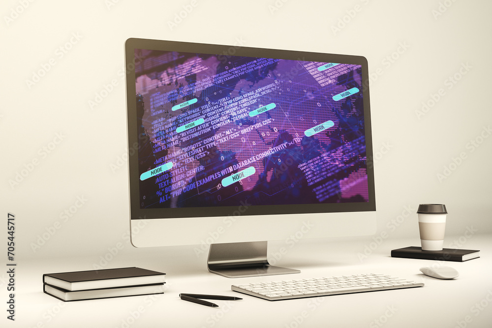 Fototapete modern computer display with abstract programming language hologram and world map, artificial intell