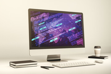 Modern computer display with abstract programming language hologram and world map, artificial intelligence and neural networks concept. 3D Rendering