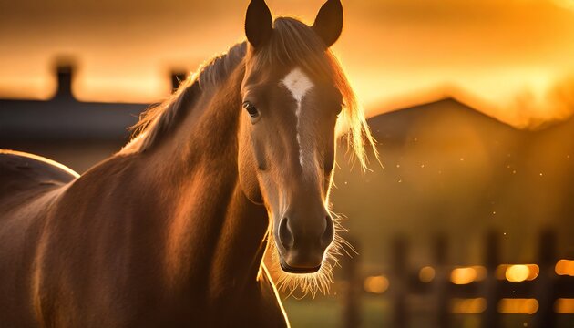 A horse in the sunset Dawning Dusk: Close-Up of Horse in Sunset Light
