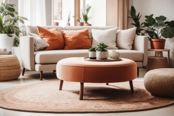 Scandinavian interior home design of modern living room with beige sofa and wooden round table