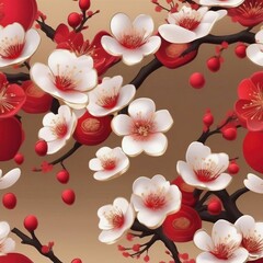 ベージュの背景に白と赤の梅の花