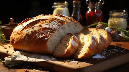 Homemade fresh baked bread sliced ​​on a wooden table