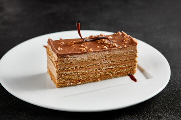 Gourmet hazelnut chocolate cake slice with nuts topping and artistic syrup drizzle on a white plate