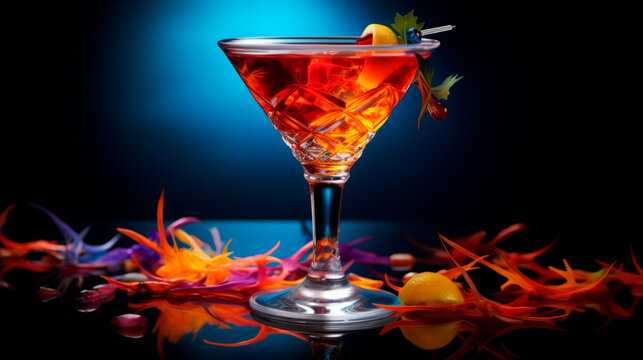 Pink, blue colored cocktail glass in nightclub on bar decorated with bright orange edible flowers against dim lighting, reflection on glossy surface. Club Life, Parties. The art of cocktail creation