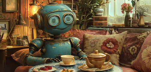 Vintage toy robot sitting at a table with cup of tea.