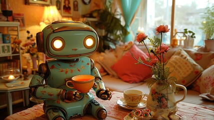 Naklejka premium Vintage toy robot sitting at a table with cup of tea.