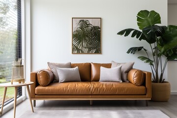 A leather couch in a living room with a plant and a painting of palm leaves