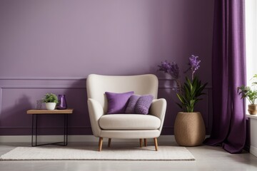 Farmhouse interior home design of modern living room with beige wing chairs and purple pillows in a purple walled room with copy space
