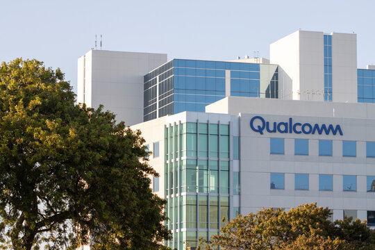 San Diego, CA, USA - May 13, 2022: Exterior view of Qualcomm's headquarters in San Diego, California. Qualcomm creates semiconductors, software, and services related to wireless technology.
