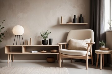 Scandinavian interior home design of modern living room with beige wooden chairs and shelves in a windowed room
