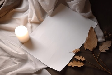 Graphic resources, hobbies and leisure concept. Top view of white blank sheet paper mockup with copy space placed on table and surrounded some plants or flowers