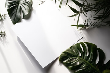 Graphic resources, hobbies and leisure concept. Top view of white blank sheet paper mockup with copy space placed on table and surrounded some plants or flowers