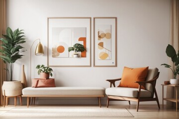Interior home design of modern living room with chairs and abstract painting poster frames
