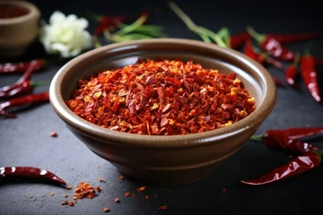 Keuken spatwand met foto Photo crushed dried chili peppers in white bowl hot and spicy © Muh