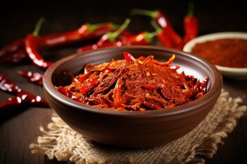 Photo crushed dried chili peppers in white bowl hot and spicy - obrazy, fototapety, plakaty