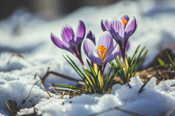 Close-up of crocus flowers growing from under snow, concept of upcoming springtime
