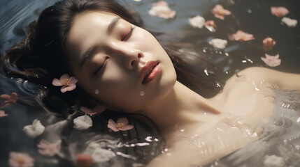 Tranquil Beauty: Serene Woman Amidst Floral Waters