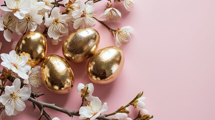 Fototapeta premium Golden Easter eggs with cherry blossoms on pink background for spring holiday designs. AI Generative