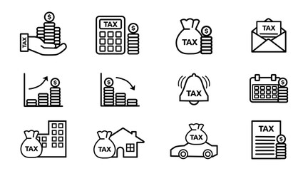 Tax icon set, Coins vector illustration in flat style.  outline
 icons pack. 