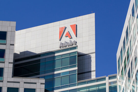 San Jose, CA, USA - Feb 17, 2020: Adobe logo is seen at its headquarters in San Jose, California. Adobe is the global leader in digital media and digital marketing solutions.