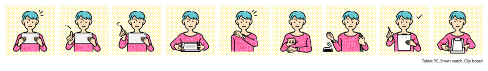 人物イラスト（タブレット、スマートウォッチ、クリップボード）