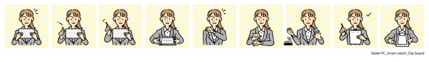 人物イラスト（タブレット、スマートウォッチ、クリップボード）