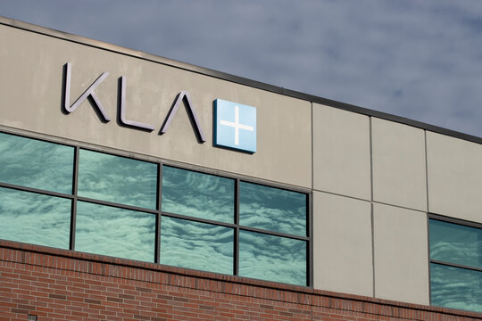 Hillsboro, OR, USA - Nov 17, 2021: KLA logo is seen at its office in Hillsboro, Oregon. KLA Corporation engages in the supply of process control and yield management solutions.