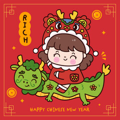 cute girl chinese new year ride dragon  greeting card. series: zodiac vector 2024 Wish you rich and wealth