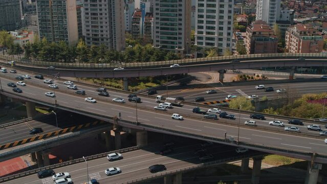 Drone Shot of Seoul City Traffic on Elevated Highway Interchange, South Korea
