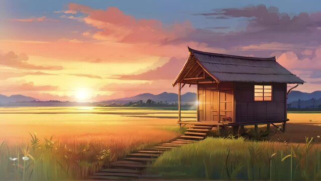 Animated illustration of a hut in the middle of a rice field, with a view of the natural scenery as a background. Illustration of rice fields in the morning. Background animation.