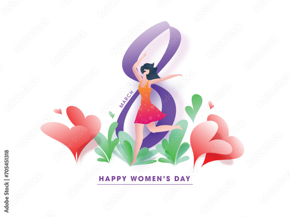 Poster 8 March, Happy Women's Day Greeting Card with Cartoon Modern Young Girl Dancing, Hearts Decorated on White Background.