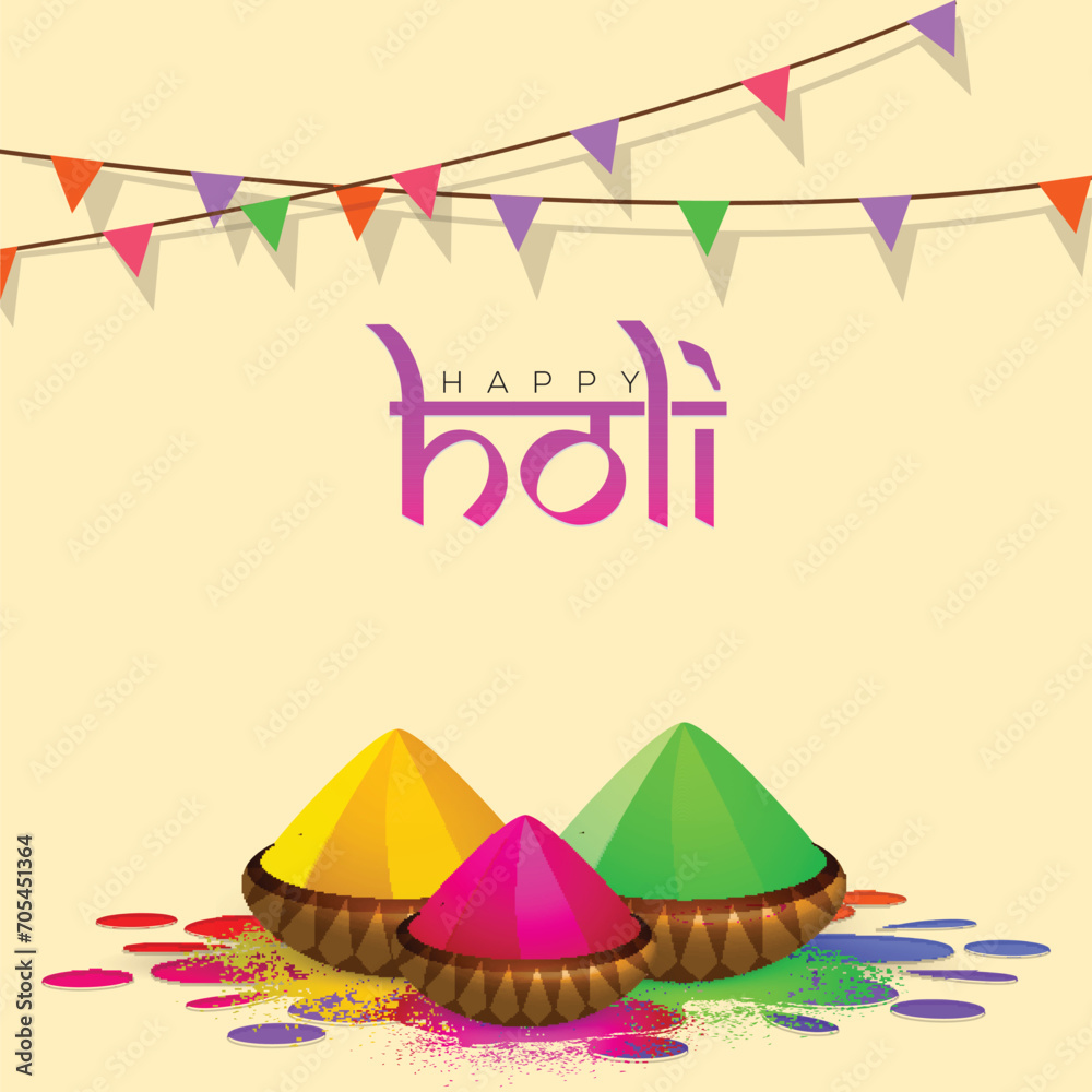 Wall mural Indian Festival of Colours, Happy Holi Greeting Card with Dry Colors in Bowls on Rangoli Against Beige Background.