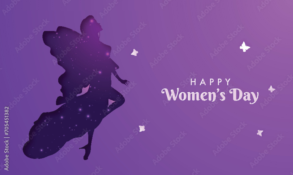 Canvas Prints happy women's day banner design with paper butterflies, silhouette angel on gradient purple backgrou